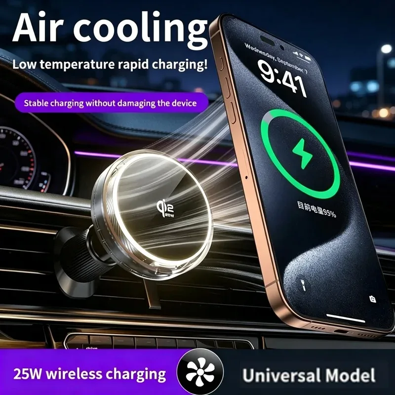 

25W Magnetic Wireless Car Charger Stand Turbine Air Cooling Low Fast Charging Air Vent Mount RGB Light Universal Phone Holder