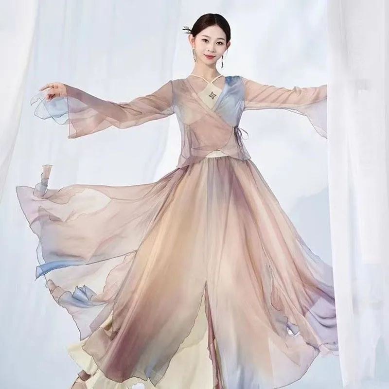Elegante gradiente saia de balé feminino chiffon flowy longo dancewear 360-720 graus traje de dança clássica desempenho maxi saia