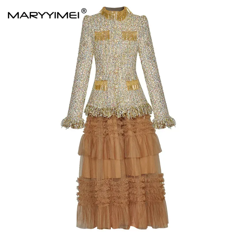 

MARYYIMEI Fashion Designer Autumn Winter Skirts Suit Women Long Sleeve Luxury Beads Tassel Tweed Coat + Mesh Skirt 2 Pieces Set