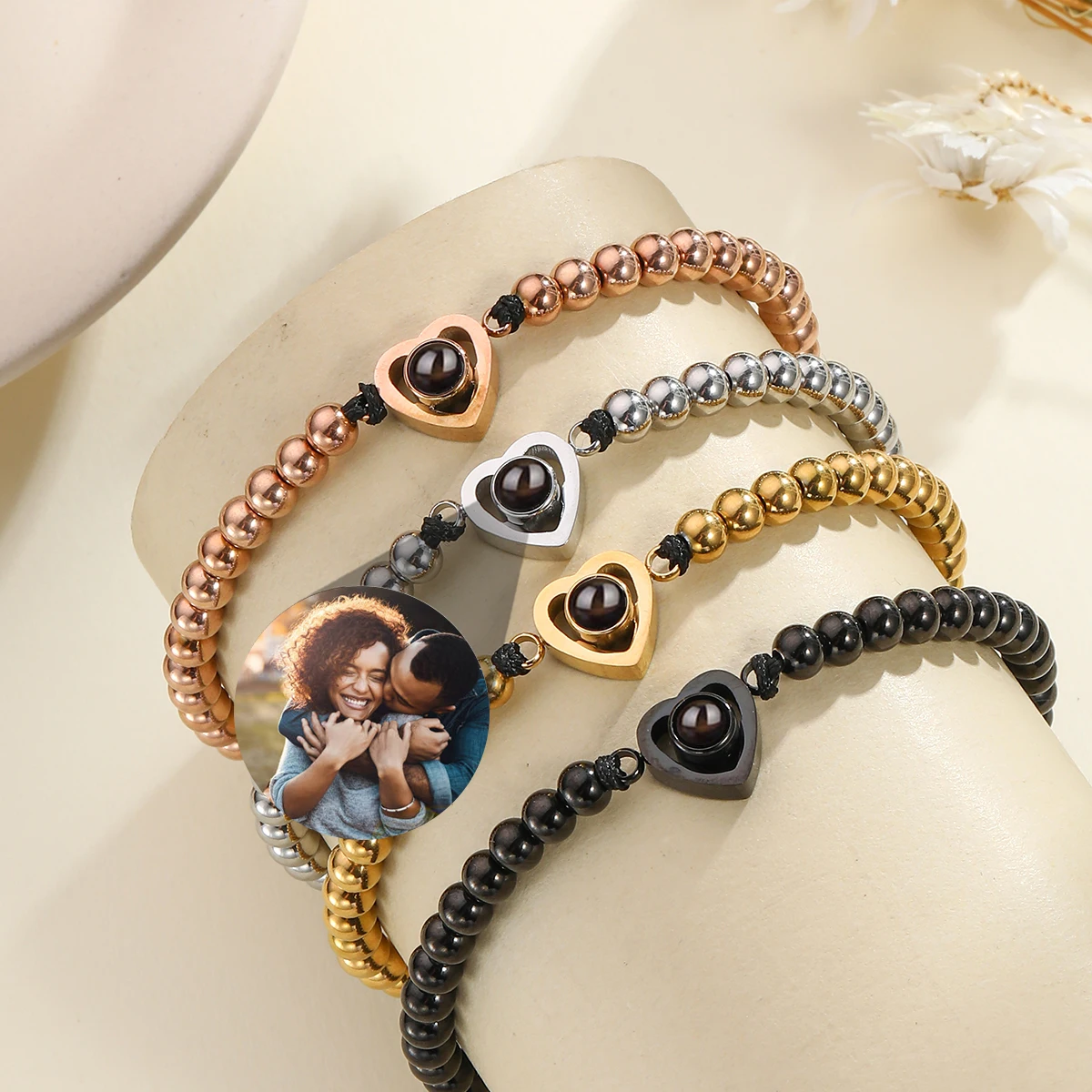 Photo Projection Bracelet For Women Men Custom Picture Bead Chain Bracelet Family Gathering Pet Couple Anniversary Jewelry Gift