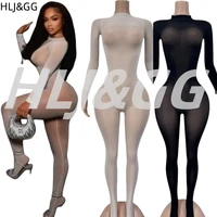 HLJ & GG-mono Sexy de malla transparente para mujer, monos ajustados de una pieza con cuello redondo, manga larga, elástico, para fiesta y discoteca