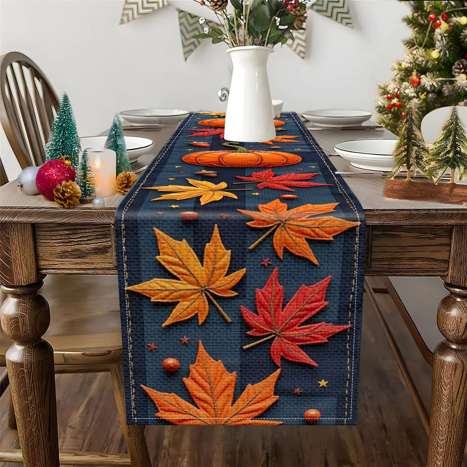 قطعة واحدة من مفرش طاولة بطابع الخريف مع أنماط أوراق اليقطين والخريف، مناسبة للتجمعات العائلية لعيد الشكر والديكور المنزلي على الطراز الريفي #2