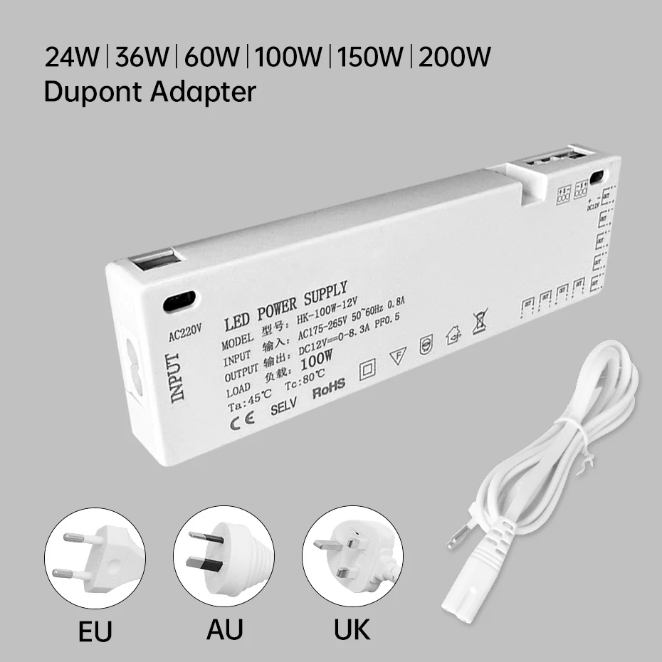 Swtich Power Supply EU/AU/UK Plug Dupont Port 24W-200W DC12V DC24V LED Lighting Transformer For LED Cabinet Lamp Strip Driver