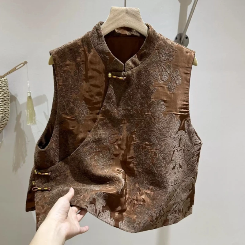 Spring Fall Women Dobby Floral Coffee Sleeveless Vest Coat , Woman Chinese Style Vintage Elegant Vests Coats