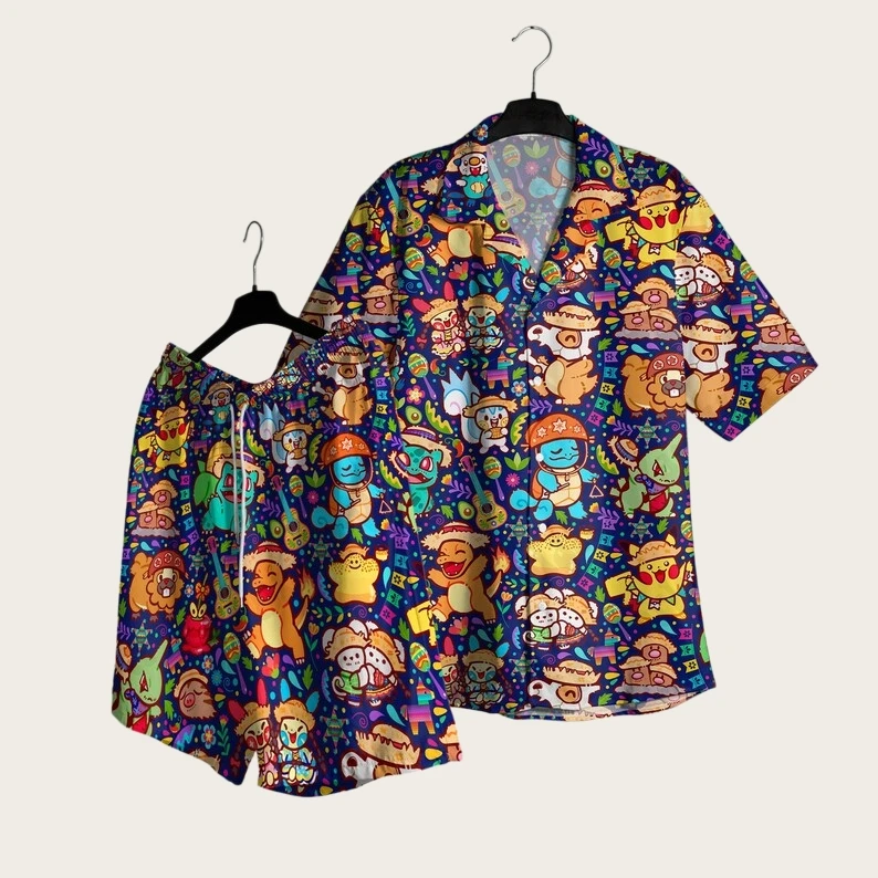 

2026 Fashion New Pokémon Theme Mexican Carnival Style Pajama Shorts Set Men Casual Hawaiian Shirt Quick Drying Breathable Shorts