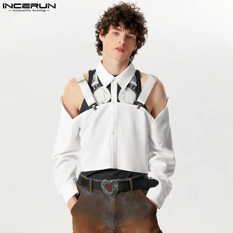 INCERUN Tops 2024 American Style New Men's Hollow Design Cropped Shirts Fashion Party Shows Male Solid Long Sleeved Blouse S-5XL