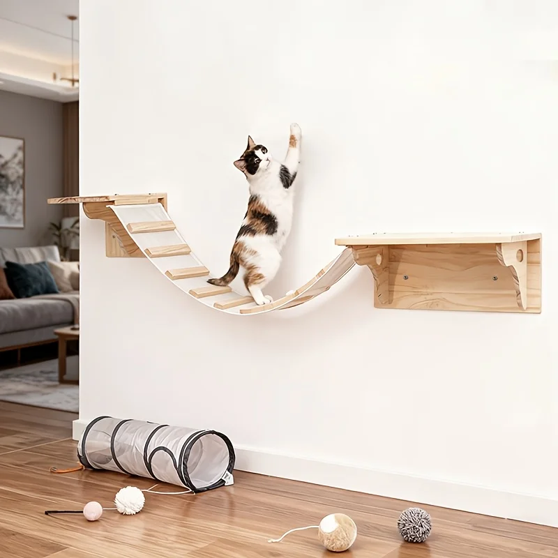 Cat Wall Climbing Shelves Wall-Mounted Furniture Set 2 Shelves with 1 Bridge Ladder for Indoor Cats Tree Tower Bed Accessories view 2