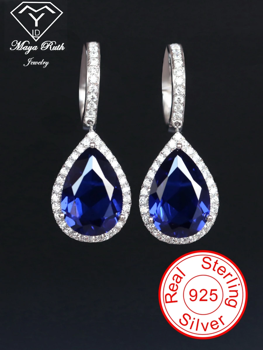 Created Sapphire Earrings 925 Sterling Silver Party For Women Female Sparkle Retro Gift Water Drop Shape Pear Vintage Charm Blue