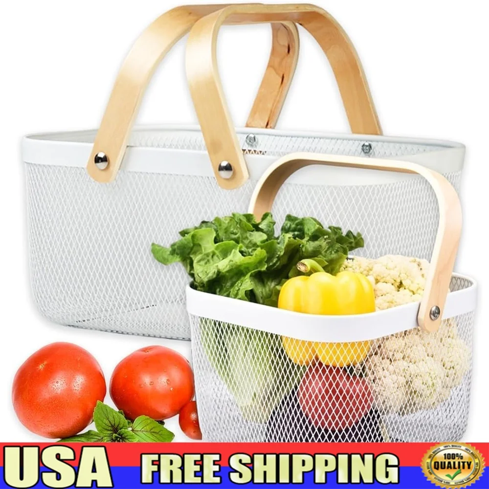 

2 упаковки металлических сетчатых корзин для урожая, складная деревянная ручка, прямоугольная садовая корзина для хранения овощей, фруктов, организация пикника