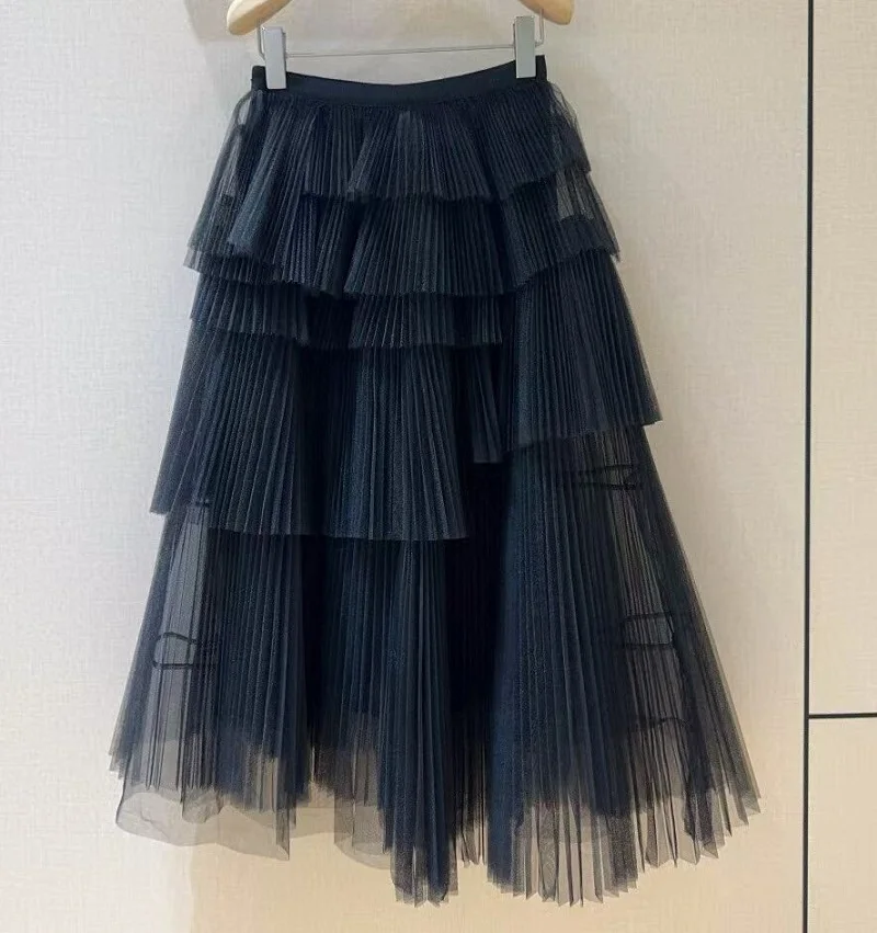 Ballkleid-Röcke 2025, Herbst-Designer-Modekleidung für Damen, kaskadierende Rüschen, sexy, asymmetrisch, Aprikose, schwarz, lange Netzröcke