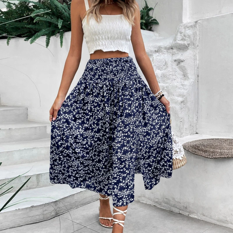 

Повседневные женские длинные юбки с высокой талией и разрезом, винтажный цветочный принт, А-силуэт, весна-лето, пляжный стиль, свободные юбки для женщин 2026
