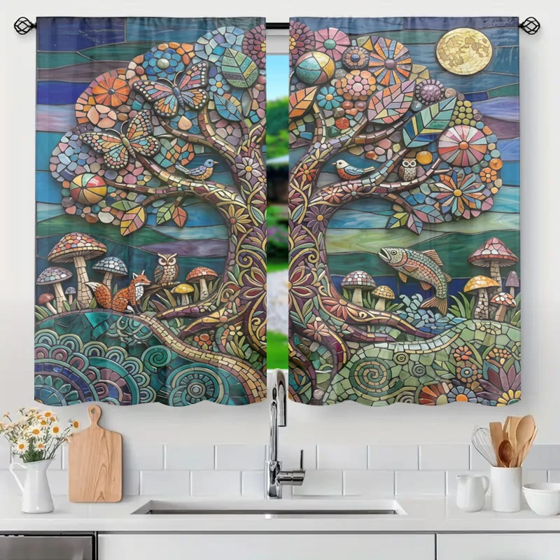 Enchanting Mosaic Stained Glass Woodland Tree Curtains Panel Art for Window Home Decor Mural Tapestry Cottage Kitchen Bathroom