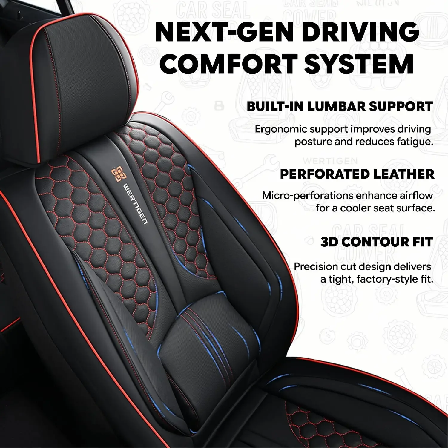 Black and Red Leather Car Seat Cover Set, with Lumbar Support | OEM-Inspired Interior Upgrade