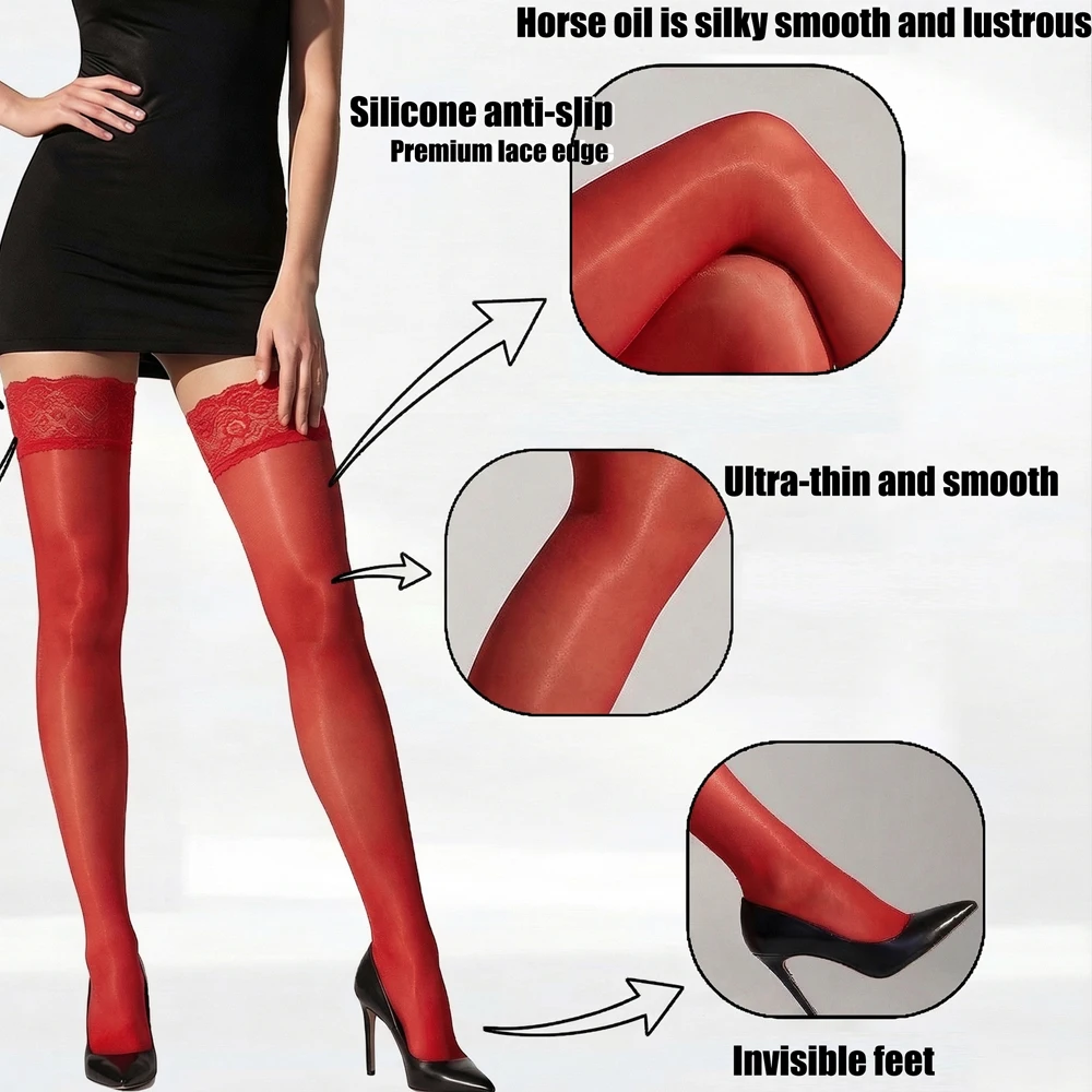 Horse Oil Shine Lace Over Knee Stockings，Sexy Non-Slip Thigh Highs White/Black/Red/Nude Glossy Socks image 6
