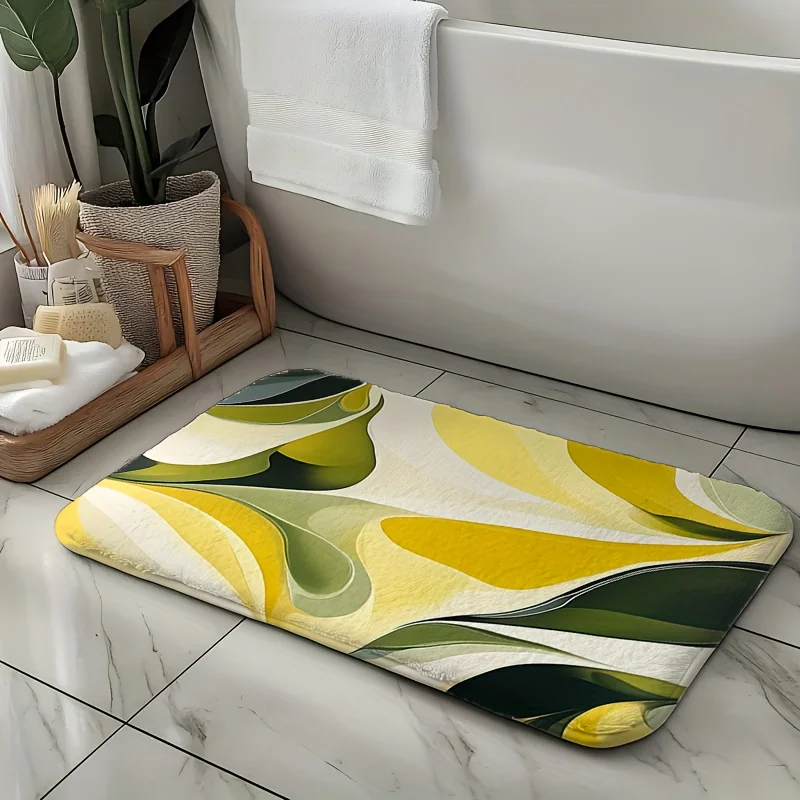 Yellow Green Wave Pattern Flannel Bath Mat Printed Non Slip Rug Bathroom Floor Covering Contemporary Decor Soft Material