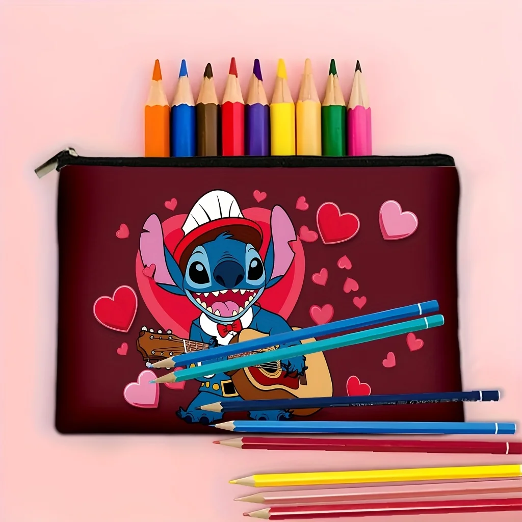 디즈니 스티치 기타 연주 메이크업 가방 - 생동감 넘치는 빨간색과 분홍색 하트 디자인 - 여성용 귀엽고 다용도 지퍼 파우치, 보석 보관 가방, 완벽한 여행용 지퍼 파우치