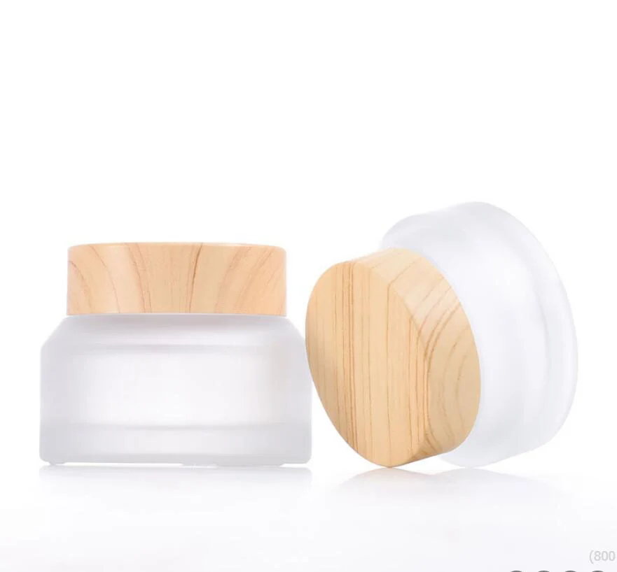 

50G sloping shoulder frosted glass jar wooden shape lid essence/eye cream/day night cream/moisturizer packing glass bottle