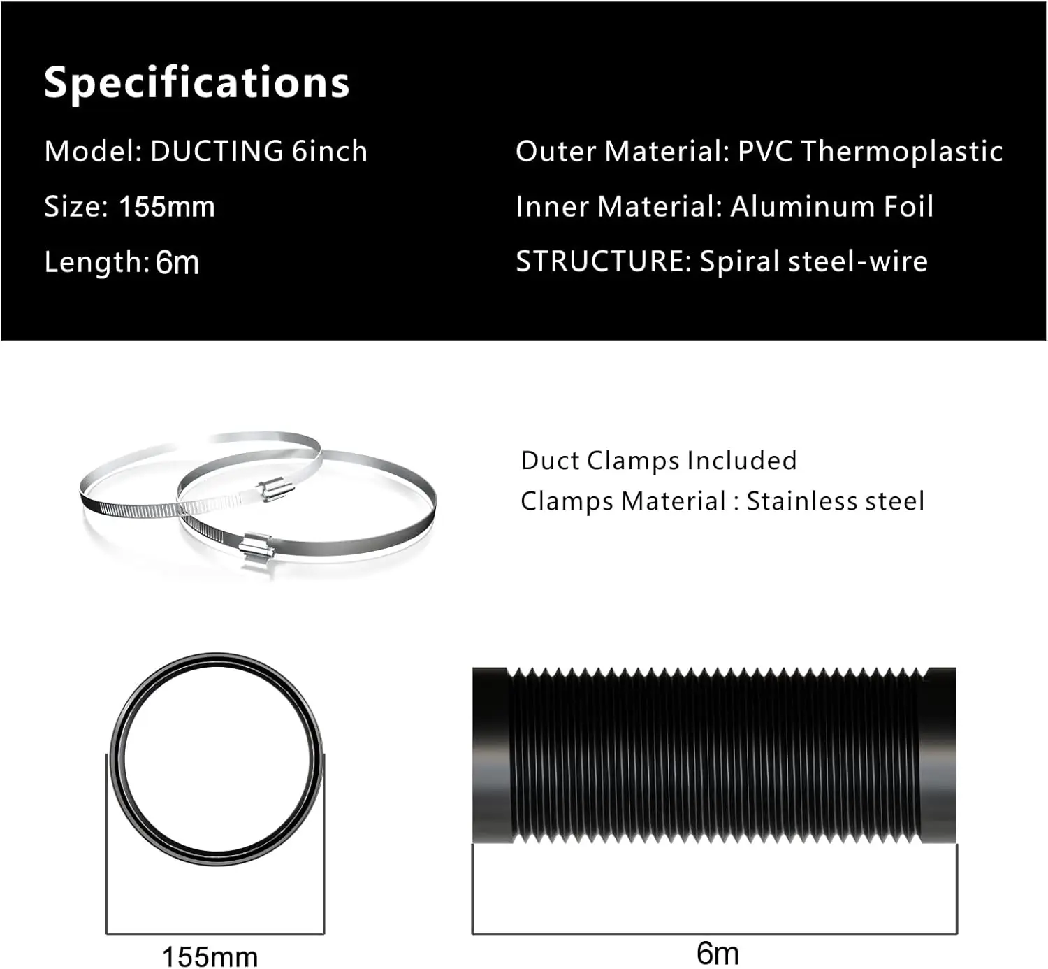 Aygrochy zwarte PVC-uitlaatslang, 150 mm, 6 meter, ventilatieslang met 2 slangklemmen voor mobiele airconditioners, drogers, etc.