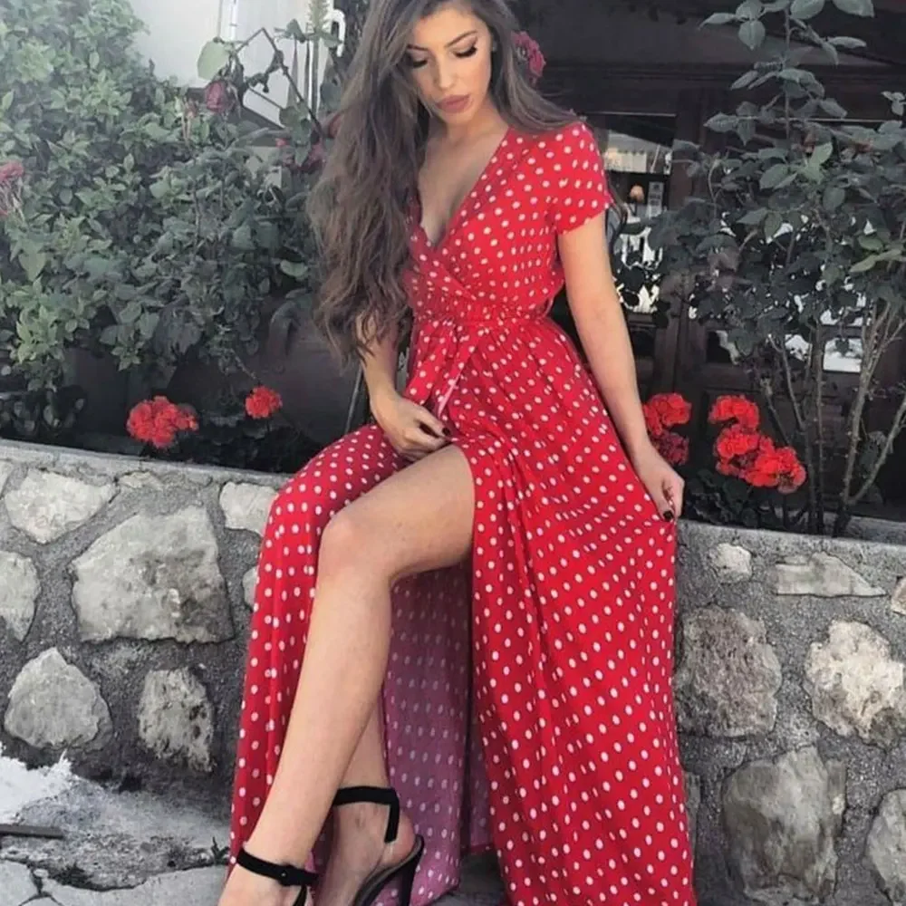 

Summer Ladies Long Split Dress Polka dot Beach Dress Maxi Dress Women Evening Party Dress Floor-length Beach Hobo Sundress