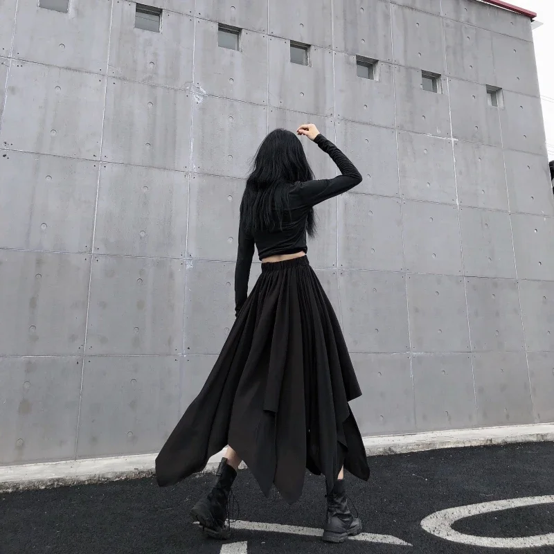 Harajuku Skirt Dark Black Irregular High Waist Goth Gothic Black Long Vintage Korean Skirt Punk Style Women Clothing