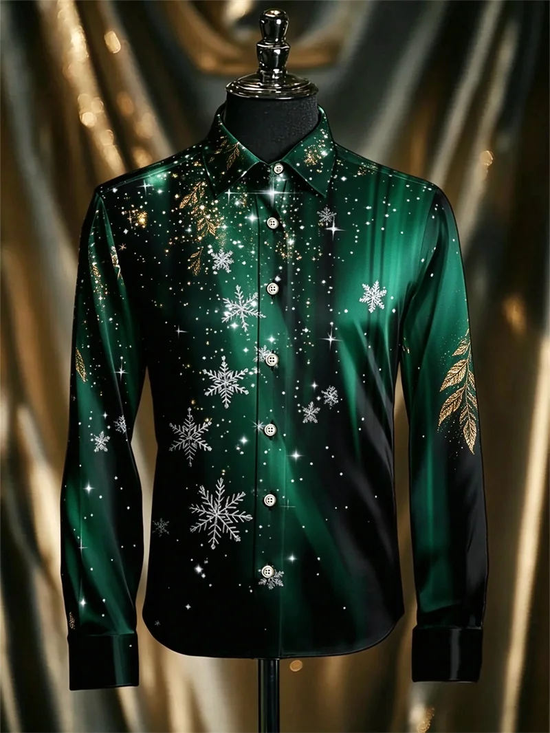 New men's red and black gradient long sleeved shirt with ice pillar sparkling star 3D printed pattern Christmas shirt