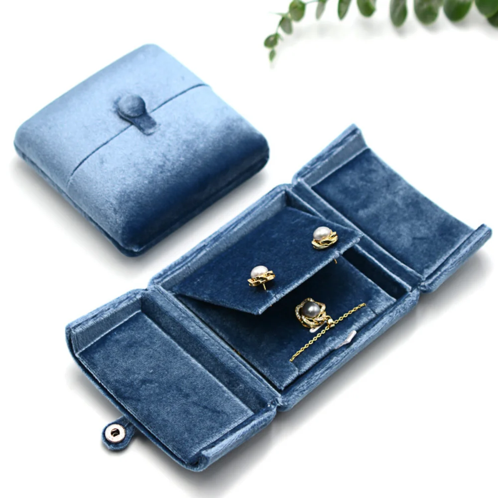 

Mist Blue Velvet Jewelry Box Double Opening Design For Rings Earrings Necklaces Bracelets Luxury Gift Packaging Storage Case