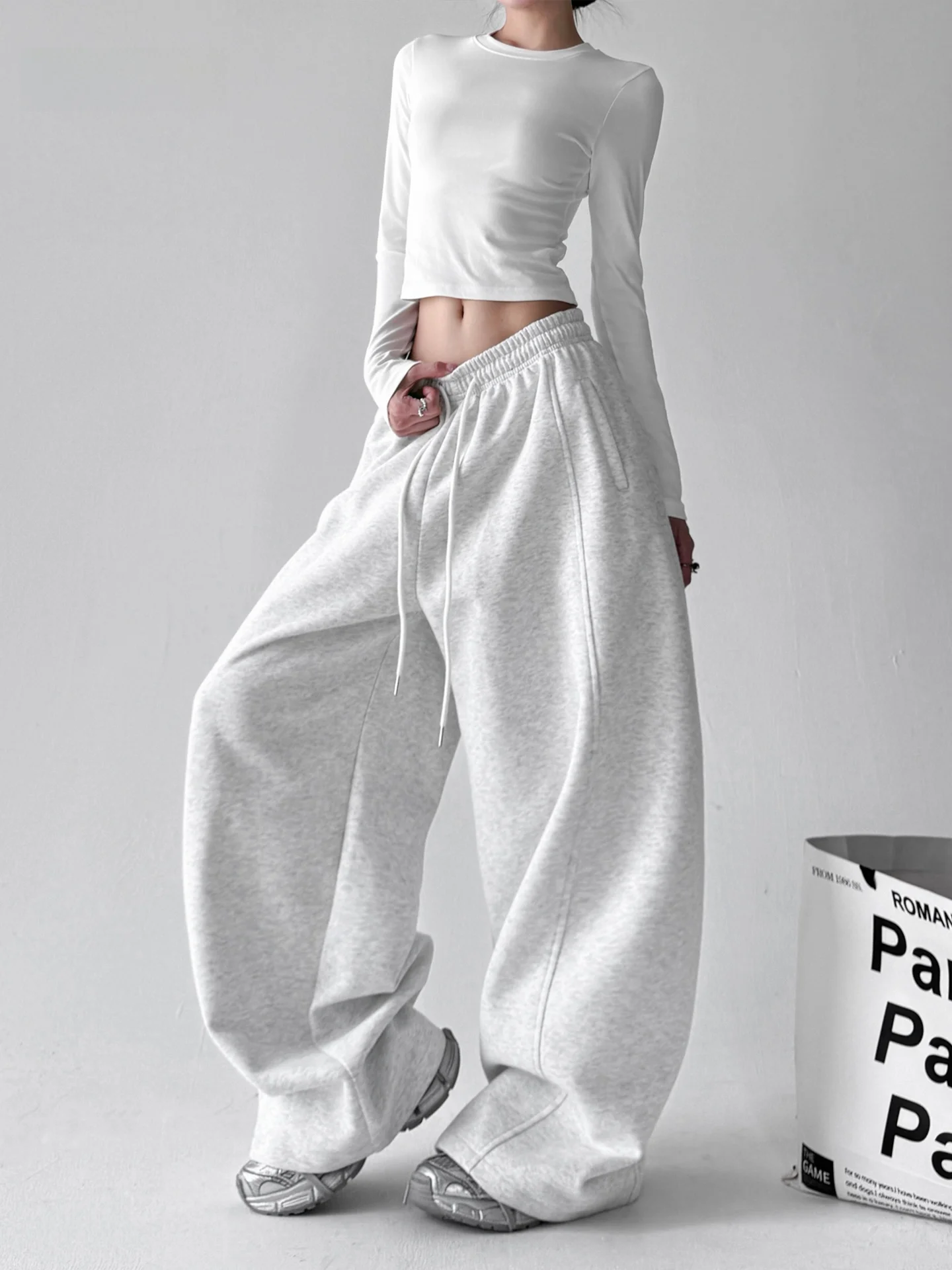 White ey Wide Leg Pants Women's Loose Comfortable Spor Casual Trousers High Waist Polyester Cotton Blend Winter Faion
