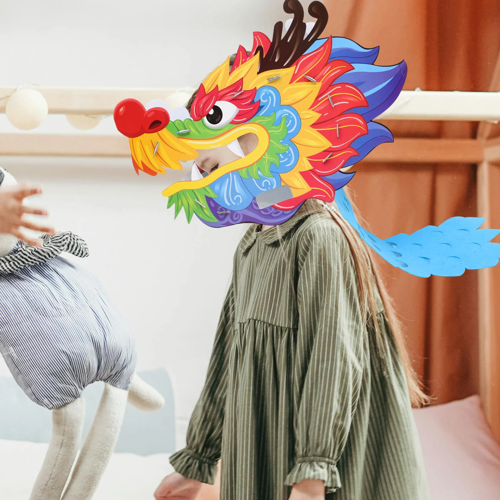 ชุดทำหัวมังกร DIY 1 ชุด งานฝีมือกระดาษสำหรับเด็ก สวมใส่ได้ สไตล์จีน ของตกแต่งสำหรับเล่นบทบาทสมมติ วัสดุทำเอง