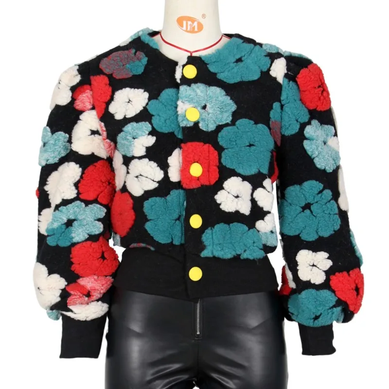 

Winter 2025 Vintage 3D Floral Oversized Single-Breasted Cropped Blazer Trendy Open Front Retro Jacket Tops Coats Tops