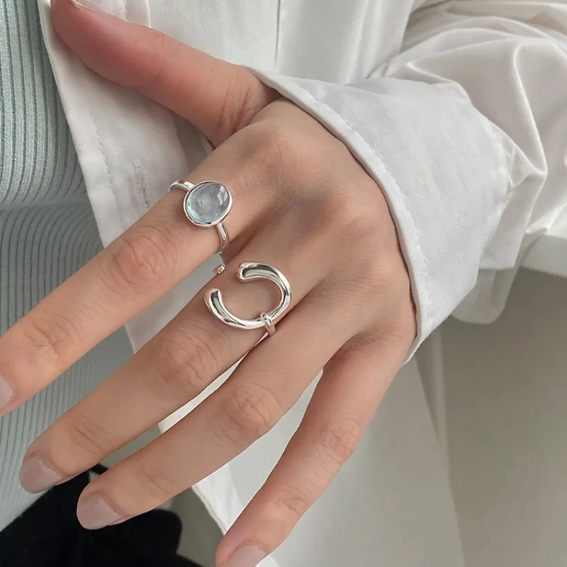 Bf Club Silver Color Rings For Women Blue Round Stone Simple Minimalist Open Adjustable Finger Rings Fashion Band Female Bijoux