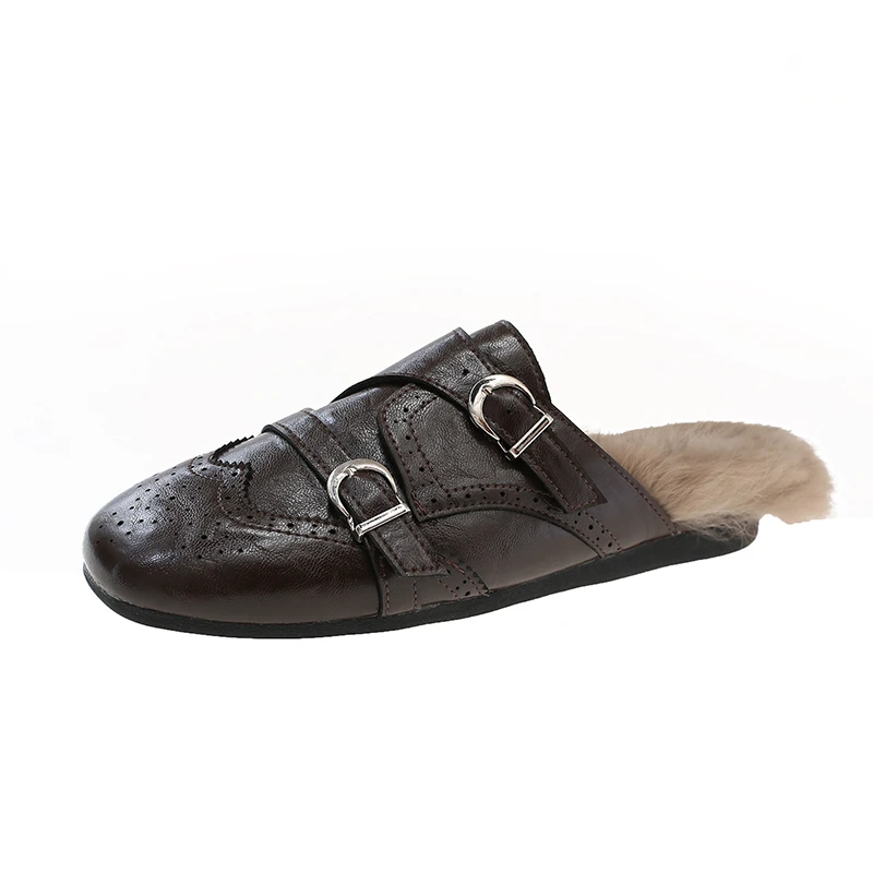 2026 Autumn Winter New Flat Fleece-Lined Open-Toe Slip-On Half Back Women's Shoes Casual One-Step-On Design Slippers Size 35-40