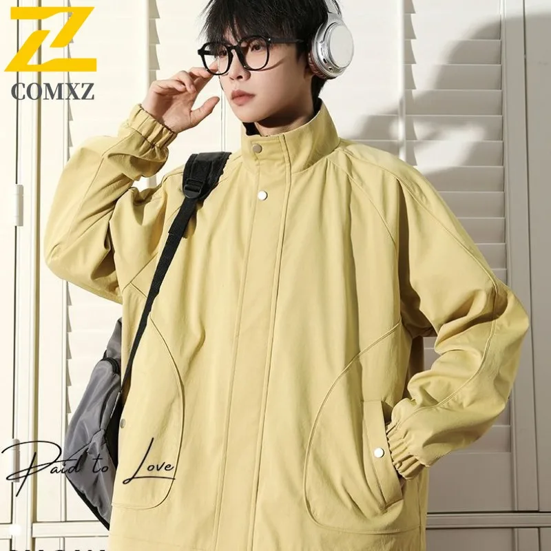 

COMXZ 2025 Men Casual Jacket Hong Kong Style Coat Spring Autumn Premium Trendy Plaid Lapel Color Block lightweight windbreaker