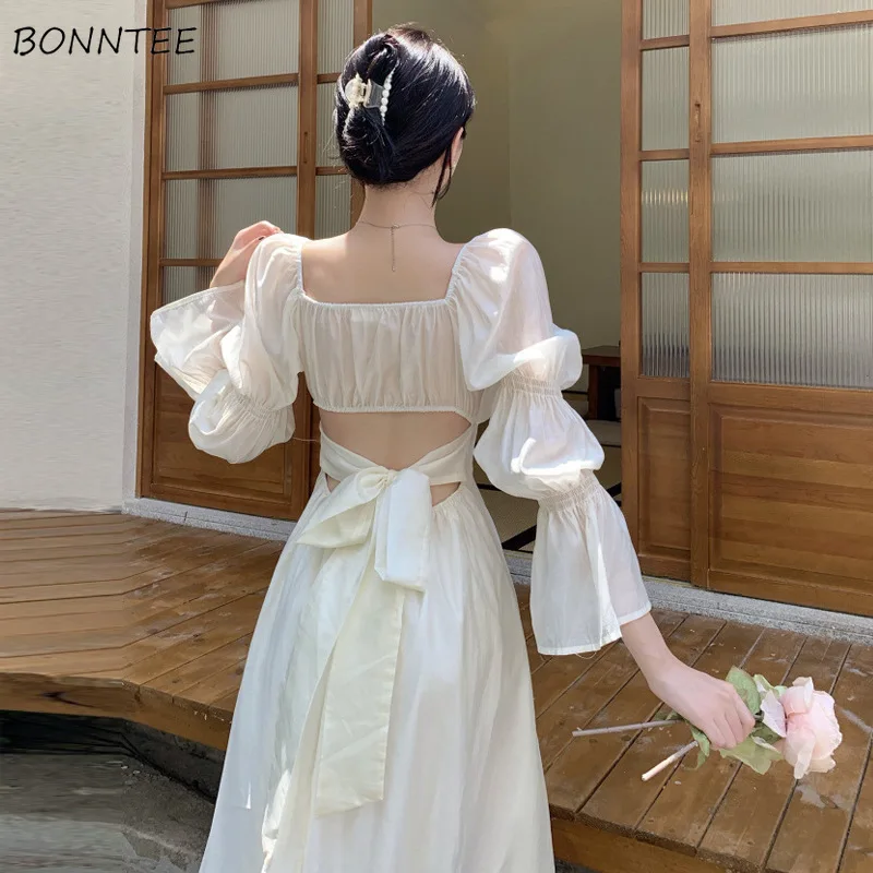 

Puff Sleeve Dresses Women A-line Aesthetic Princess Korean Fashion Classy Bandage Chic Sweet Lovely Girls Holiday Spring Summer