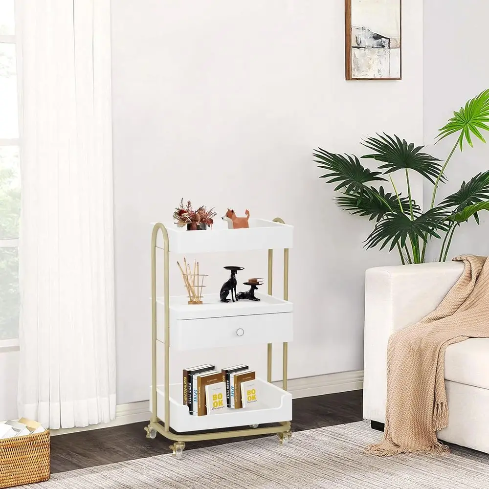 Stylish Lockable Trolley with 3 Shelves for Beauty, Barber, and Spa Use - White & Gold