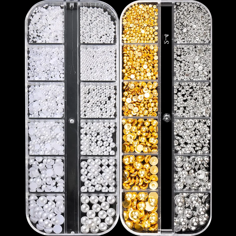    2 Box Kits Perlen Nagel Charms Gold Silber Weiß Nagel Dekoration Perlen Maniküre DIY Charms Handwerk Teil Halb Runde Strasssteine