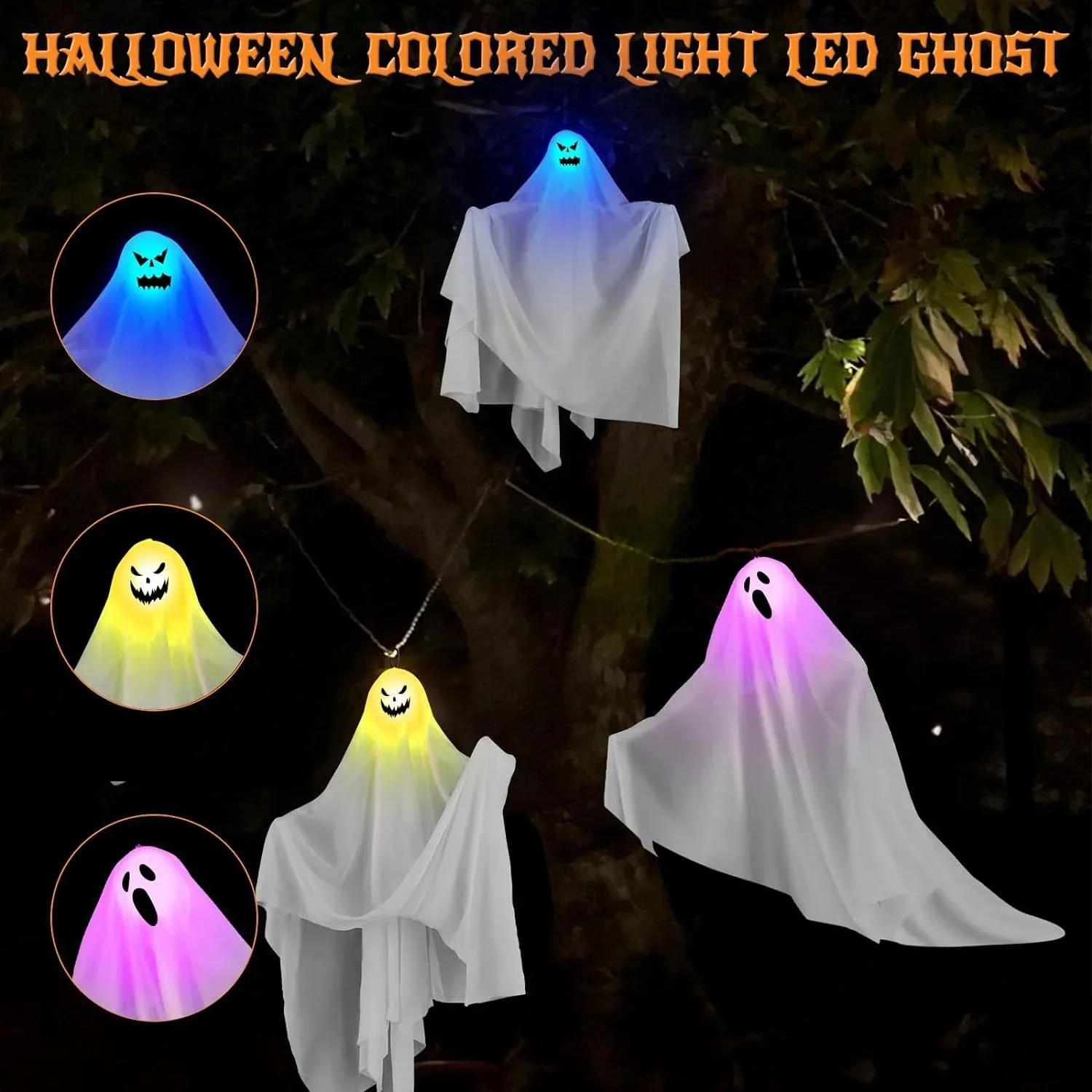 New 2PCS Haunted House Props Halloween Scary LED Lights Glowing Hanging Ghost Horror Door Decor Venue Setting