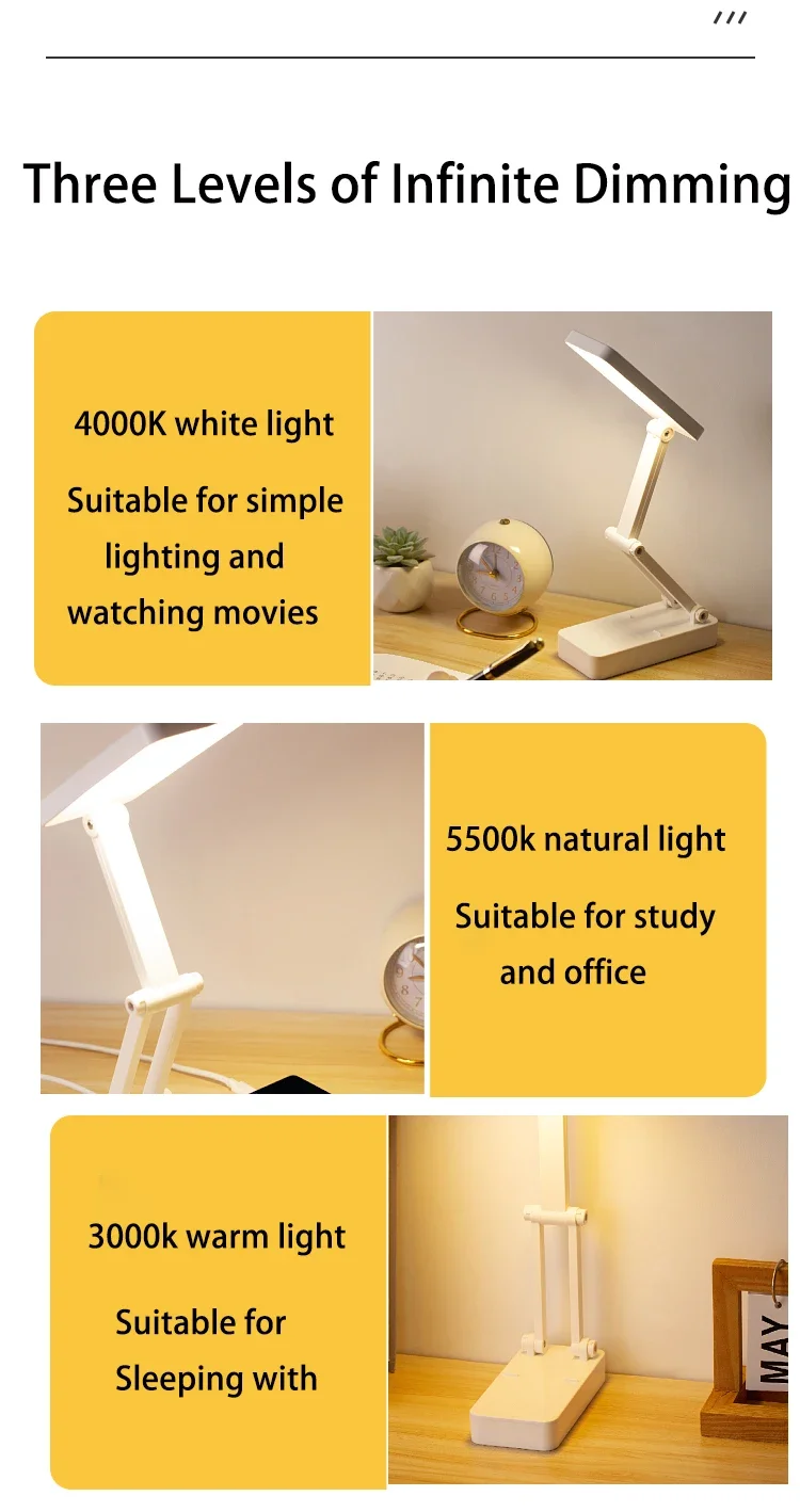 Lâmpada de mesa dobrável portátil, proteção ocular com escurecimento de três tons, 2000mAh, recarregável por USB, adequada para mesa de estudante