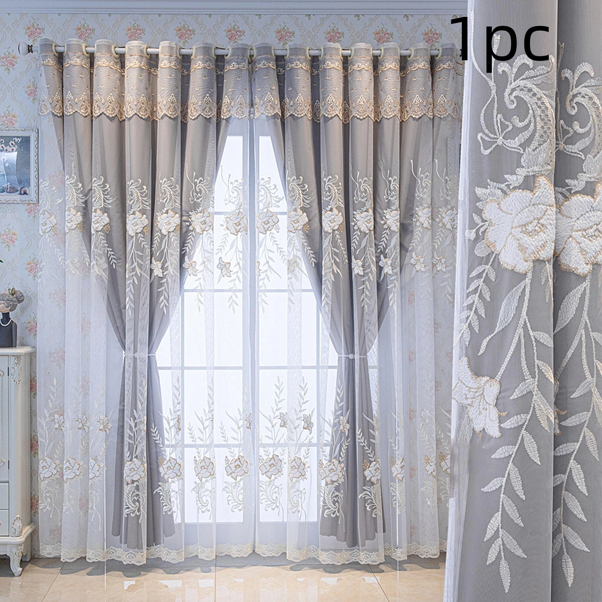 1pc Double Layer Light Blocking Luxury  Embroidered Curtain Sheer and Darkening Bedroom Balcony Living Room Atmosphere Drape