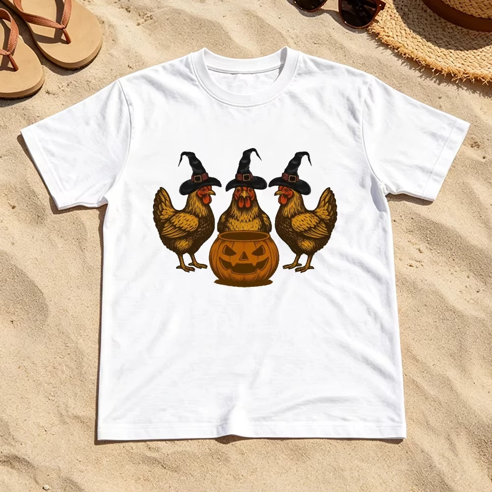 Halloween Witch Chicken Pumpkin Graphic Tees Retro Farm Animal Witch Hat Jack O Lantern Print Country Farm Women Top