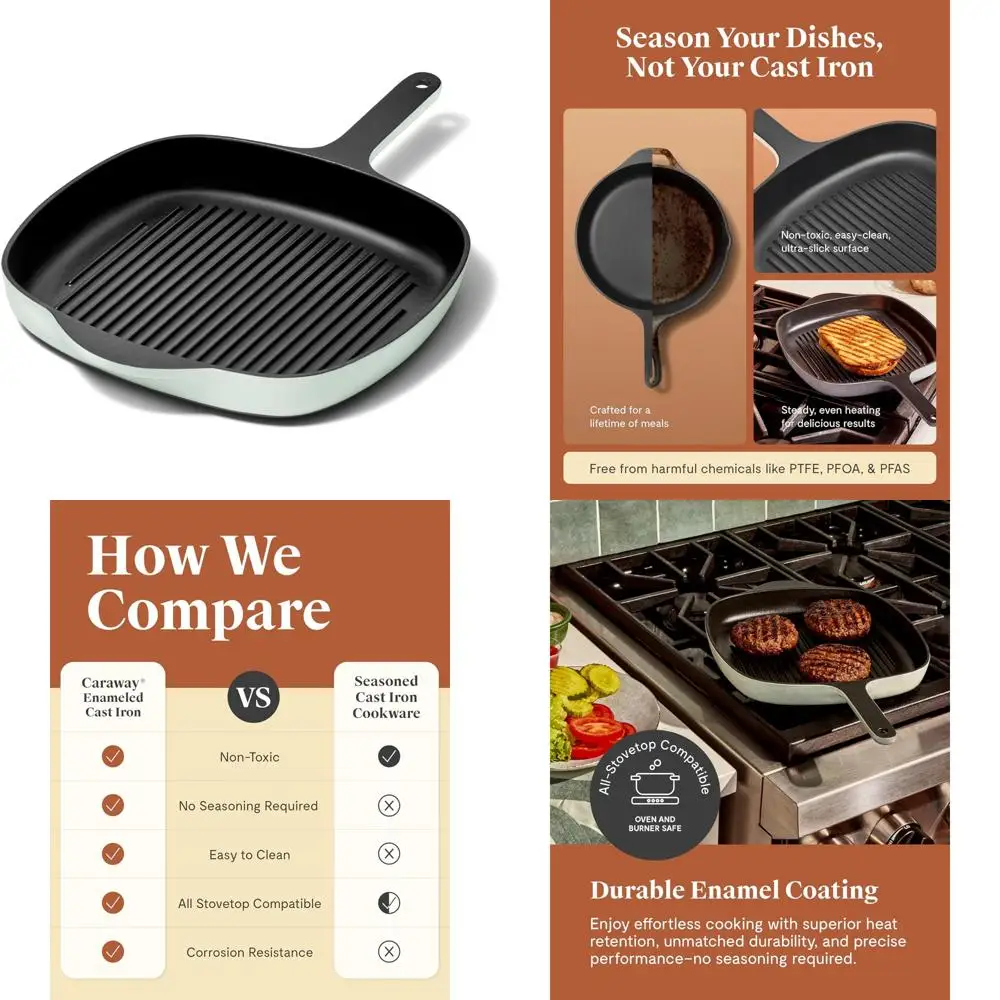 

Enameled Cast Iron Grill Pan 10.5 Stovetop Cooking - 3 Layer Coating - No Seasoning - Large Grill Pan for Home Use