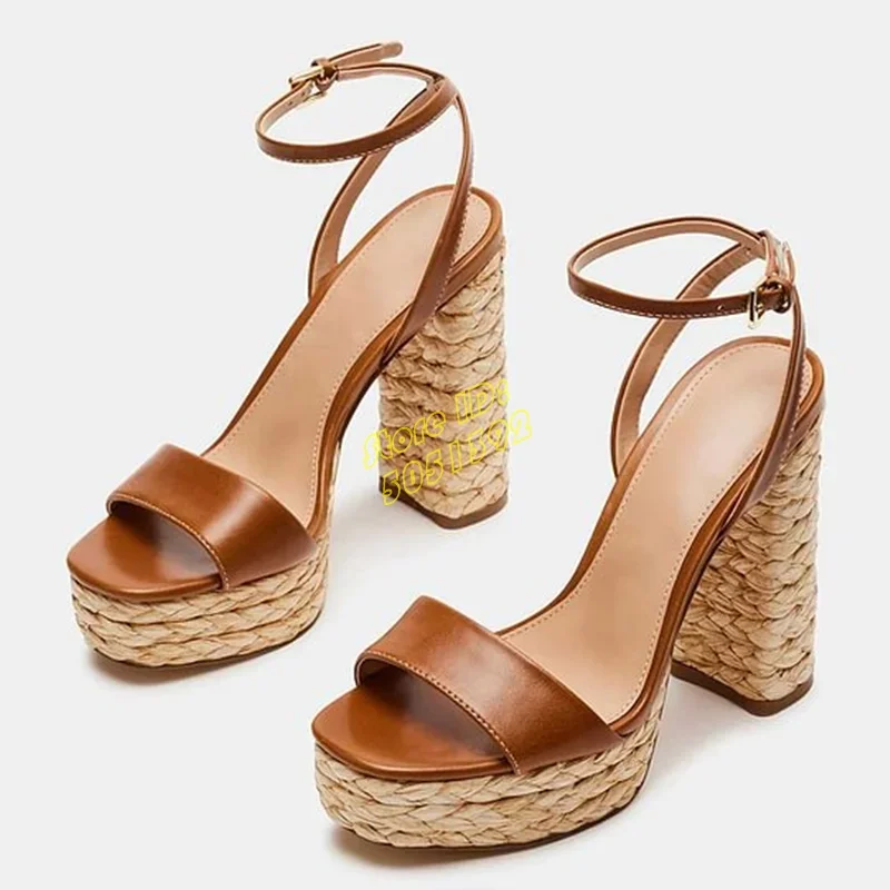

Platform Braid Block Heel Sandals Open Toe Ankle Buckle Strarp Brown Leather Chunky Heel Fashion 2024 Summer Footwear