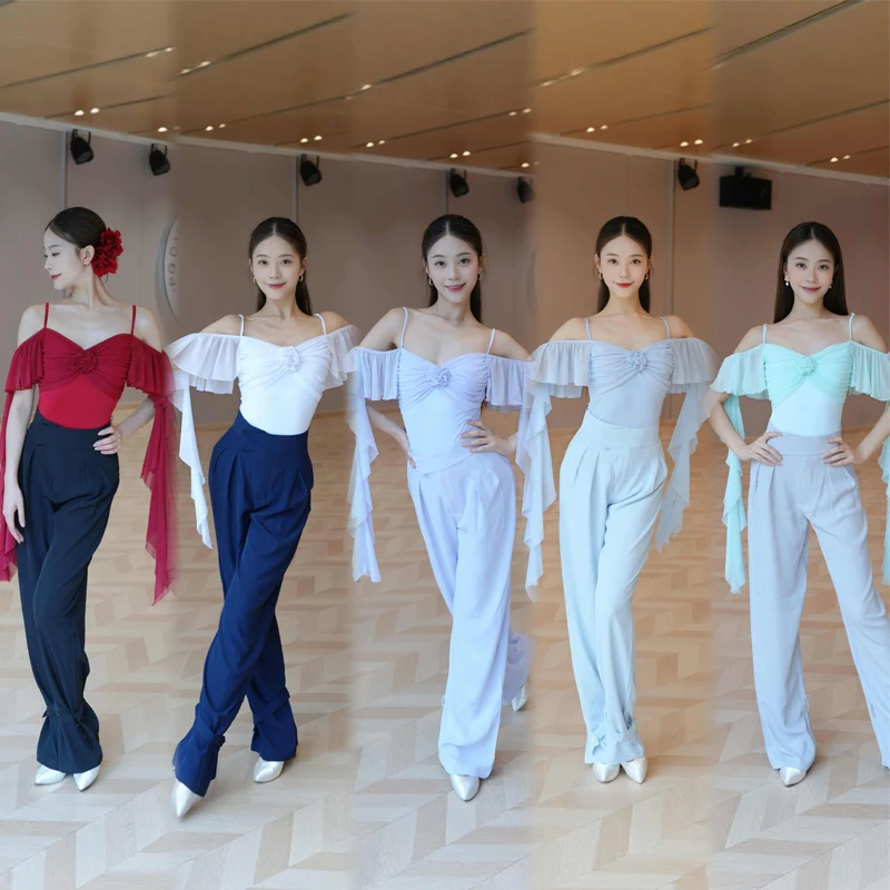 

Новые современные танцевальные костюмы, женские костюмы с рюшами на рукавах для латинских танцев, брюки для бальных танцев, костюмы для латинских танцев для взрослых, SL13533