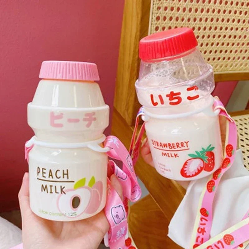 450ml Yogurt Plastic Water Bottle With Strap Cute Carton Kawaii Tour Fruit Drinking Milk Bottle Portable Leakproof Cute Bottle