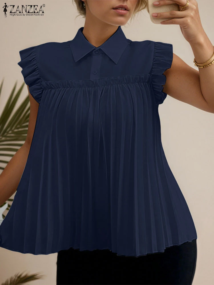 

ZANZEA Half-Button Fashion Pleated Blusas Mujer Ruffles Summer Turn-Down Collar Woman Plisse Tops Sleeveless Elegant Blouses