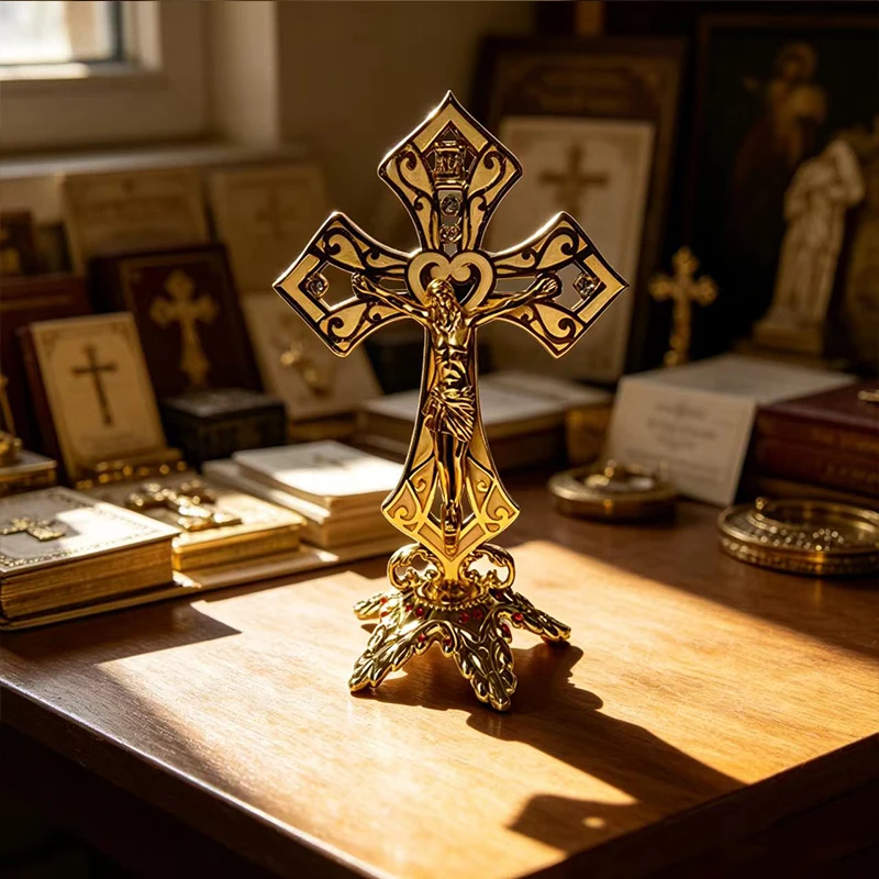 

New 2026 Luxury 19cm Gold Plated Standing Crucifix Cross with Heart Detail & Rhinestones for Catholic Home Altar Prayer Decor