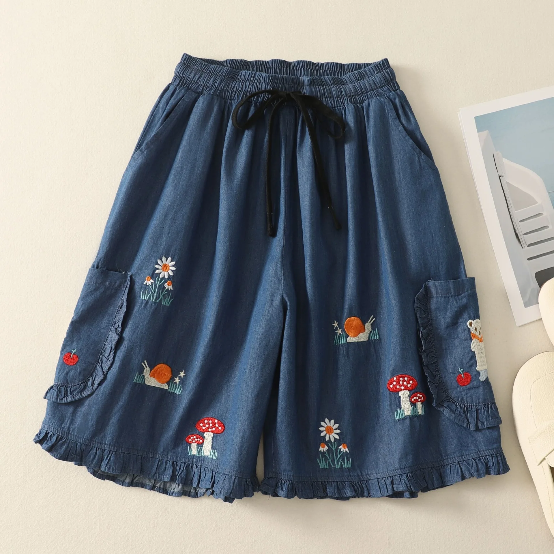 Women Embroidery Denim Bermuda Shorts Elastic Drawstring Waist Ruffle Hem Wide Leg Five Point Culottes Vintage Forest Casual
