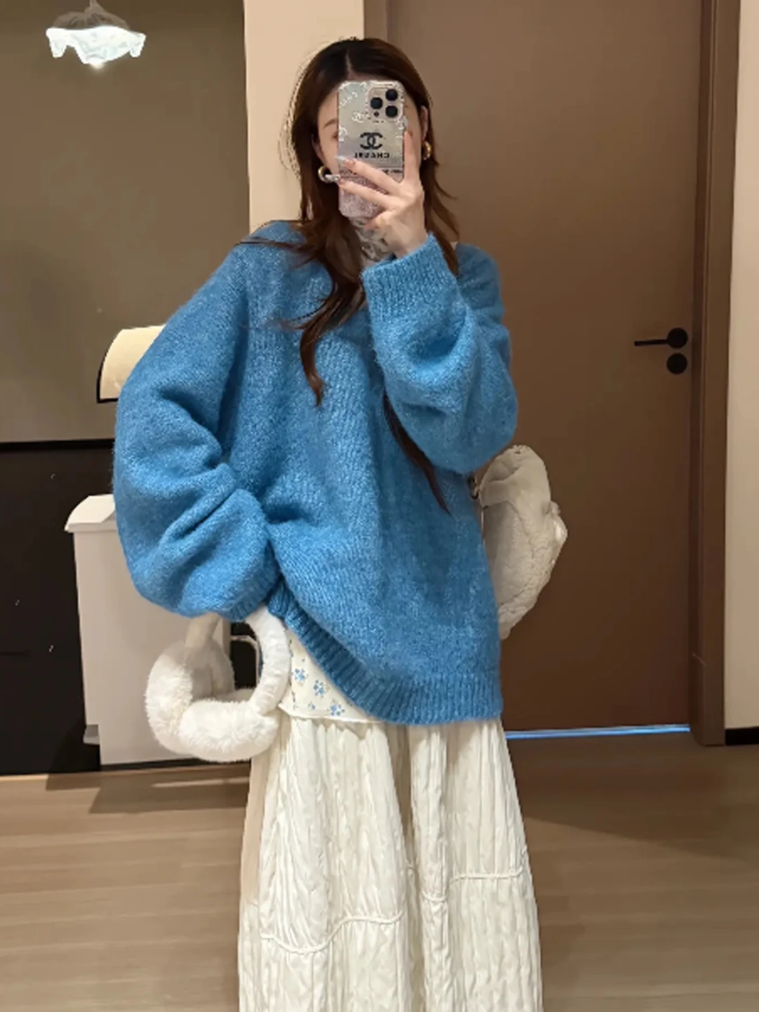 

Синий вязаный свитер с V-образным вырезом для женщин, утепленный, средней длины, в стиле оверсайз, весна-осень, новинка, комфортная посадка