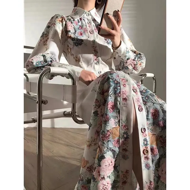 Autumn Women\'s Long Sleeve Floral Printed Shirt Style Dress Spring New French Elegant Single Breasted Fashion Long  Dresses