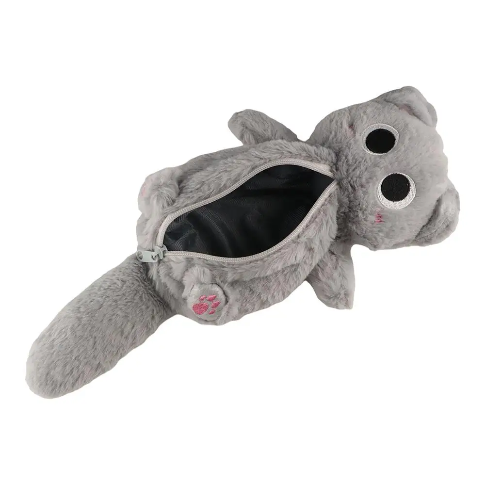 Plush Gray Cat Pencil Bag Large Capacity Zipper Cute Kitten Pencil Case Cartoon Animal Thicken Kitten Stationery Bag Children