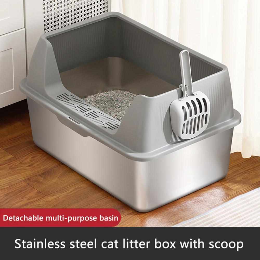 

Large Size Stainless Steel Cat Litter Box High And Low Models with Dedicated Cat Scoop Suitable for Multi-Cat Household
